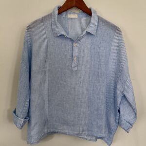 CP Shades Blue White Mixed Striped Linen Henley Pullover Top Made In USA XS